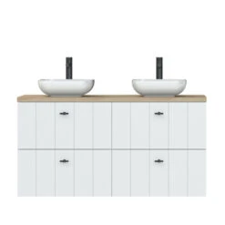 Tiger Maryport Badkamermeubelset 120 Cm Mat Wit Met Licht Eiken Houten Wasblad, Keramische Opzetkom En Matzwarte Grepen -Badkamer Winkel 123 1139