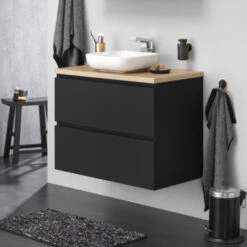 Tiger Karlo Badkamermeubel 80cm Mat Zwart Met Eiken Wasblad En Keramische Waskom -Badkamer Winkel 123 1278