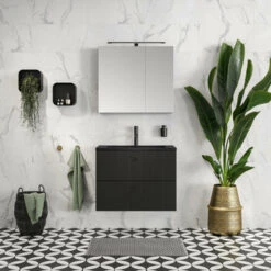 Tiger Maryport Badkamermeubelset 80 Cm Mat Zwart Met Matzwarte Polybeton Wastafel En Matzwarte Grepen -Badkamer Winkel 123 1360