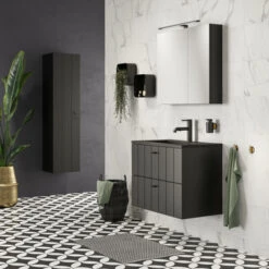 Tiger Maryport Badkamermeubelset 80 Cm Mat Zwart Met Matzwarte Polybeton Wastafel En Matzwarte Grepen -Badkamer Winkel 123 1361