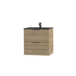 Tiger Studio Badkamermeubel 60 Cm Chalet Eiken Met Wastafel Polybeton Mat Zwart Greep Rvs Plat -Badkamer Winkel 123 217