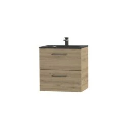 Tiger Studio Badkamermeubel 60 Cm Chalet Eiken Met Wastafel Polybeton Mat Zwart Greep Rvs Afgerond -Badkamer Winkel 123 764